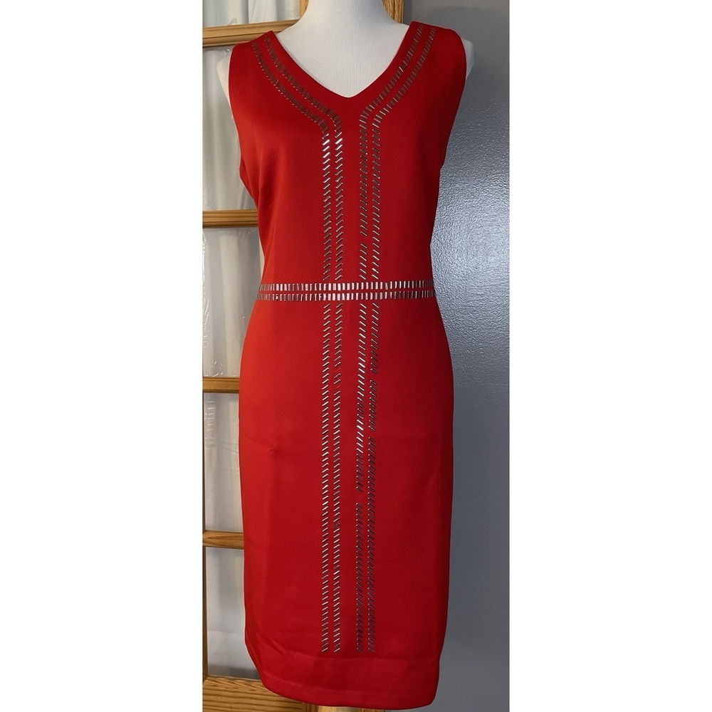 Ashley Stewart Red Studded Dress Sz 12 Silver Rivets Sleeveless Stretch Party